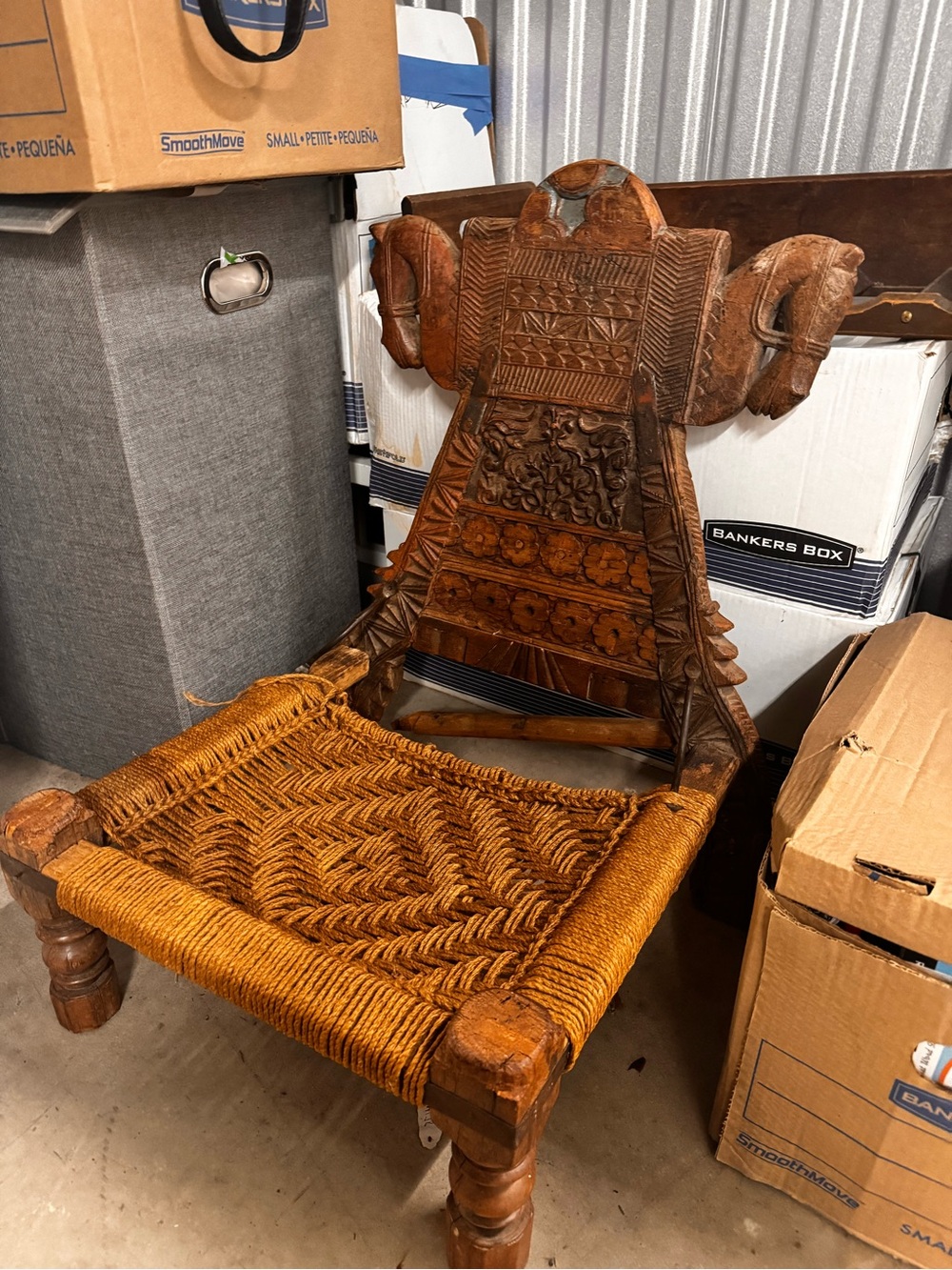 Hand-Carved Rustic Brown Jute Seat Accent Chair